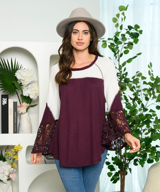 Burgundy Color Block Bell Sleeve